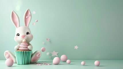 Canvas Print - A cute white bunny is sitting on a cupcake on a green background.