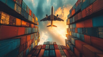 Airplane Flying Over Shipping Containers