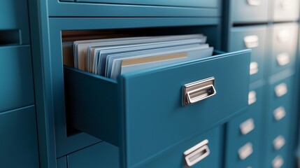 Close-up of an open blue filing cabinet with an extended drawer in which documents and paper products are stored