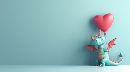 Sticker - A cute blue dragon holding a red heart balloon, on a light blue background.