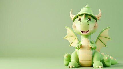 A cartoon green dragon wearing a green hat is sitting in front of a green background.