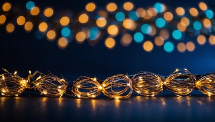 Holiday illumination and decoration concept - Christmas garland bokeh lights over dark blue background