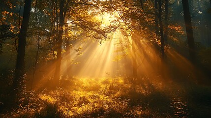 Golden sunlight streams through autumn forest trees, creating a warm and magical canopy of light.