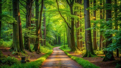 Wall Mural - Tranquil pathway in the heart of the forest, forest, quiet, serene, path, trees, greenery, nature, peaceful, calm, outdoors