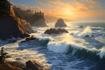 Wall Mural - Majestic coastal sunset waves crashing