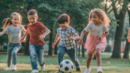 Wall Mural - cute children playing football in park