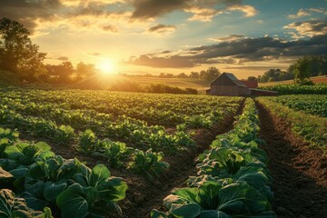 beautiful view in a green farm field with rows of rural plants and vegetables with amazing sunset or sunrise on background of agricultural landscape, ai