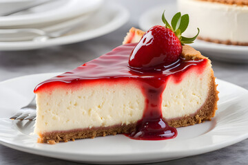 Wall Mural - American new york cheesecake with a graham cracker crust topped with a glossy strawberry compote, AI Generated