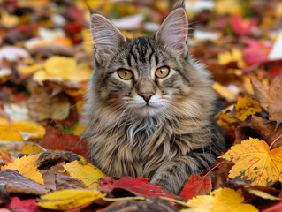 Wall Mural - A cat is laying in a pile of autumn leaves. The cat is looking at the camera with a curious expression. The scene has a peaceful and calm mood, as the cat seems to be enjoying its time in the leaves