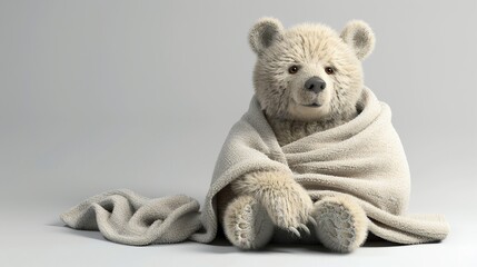 Canvas Print - A cartoon bear sits on a white background and is wrapped in a white blanket.