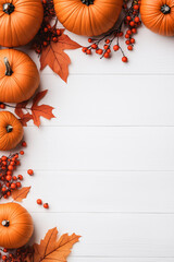 Wall Mural - A white background with a row of pumpkins and leaves