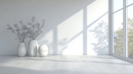 Poster - Minimalist interior of a white empty room featuring vases on a wooden floor decor on a large wall and a white landscape visible through the window showcased through 3D rendering