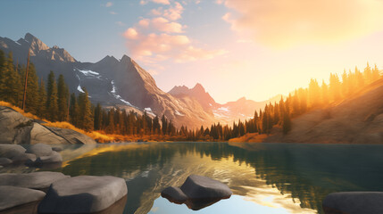 Wall Mural - Majestic Mountain Lake Reflection at Golden Hour with Pine Forest