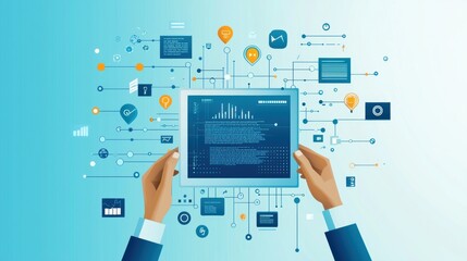 Person reading a contract, binary code replacing text, digital agreements and ethical challenges, flat design illustration