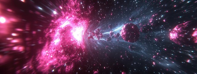 Leinwandbilder - Through space starfield abstract particles and neon rays background in a 3D cartoon rendering