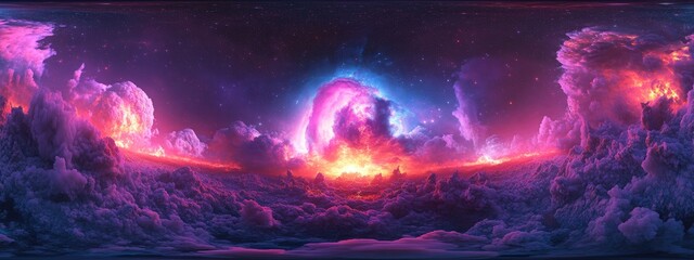 Aufkleber - 360 degree interstellar cloud of dust and gas in a 3D cartoon rendering Space background featuring nebula and stars Panorama environment 360deg HDRI map Equirectangular projection spherical panora