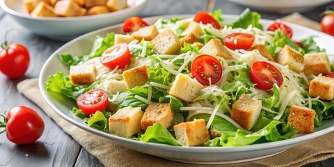 Wall Mural - Delicious Caesar salad with bread, tomato, lettuce, parmesan cheese, and dressing , Caesar salad, bread, tomato