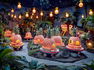 A scene of a tropical island with a lot of pineapples. The pineapples are in the shape of houses and are lit up