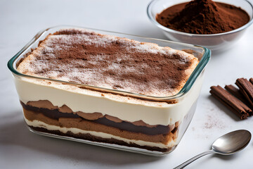 Italian tiramisu in a glass dish layered with mascarpone cheese coffee soaked ladyfingers, AI Generated