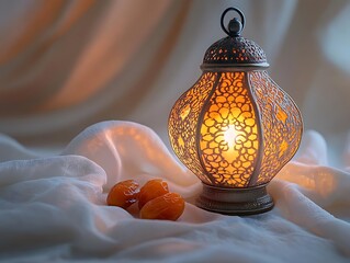 Ornamental Lantern with Dates on White Fabric - Ramadan Decor Photo