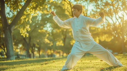 Wall Mural - A man practices tai chi in a park.