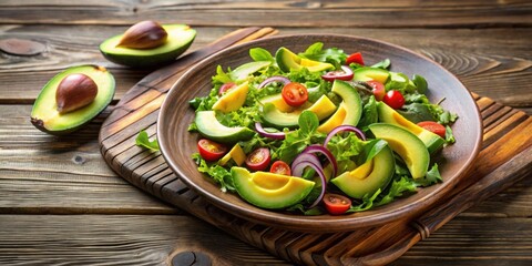 Wall Mural - Freshly made avocado salad on a wooden surface, healthy, organic, delicious, food, green, nutrition, lunch, diet