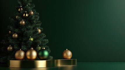 Aufkleber - Gold edged podium alongside a green Christmas tree adorned with gold accents set against an elegant green backdrop for holiday celebrations An abstract studio space designed for product displays an