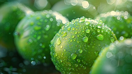 Wall Mural - Close-up of Fresh Green Limes with Dew Drops