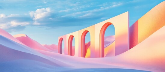 Surreal pastel landscape background featuring geometric shapes an abstract desert dune in a seasonal setting with arches creating a panoramic and futuristic scene complemented by a blue sky and clo