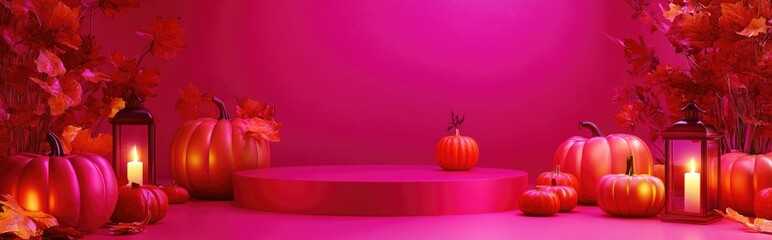 Aufkleber - Vibrant magenta and neon pink 3D illustration featuring an autumn themed product display podium background adorned with pumpkins and lanterns containing candles suitable for vertical product photo