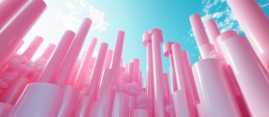 Aufkleber - Abstract background featuring pink cylinders set against a sky blue backdrop High quality 3D rendering and illustration