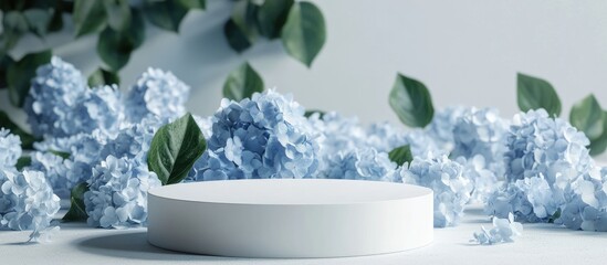 Wall Mural - Natural beauty podium background for showcasing products with a field of Hydrangea flowers 3D rendering