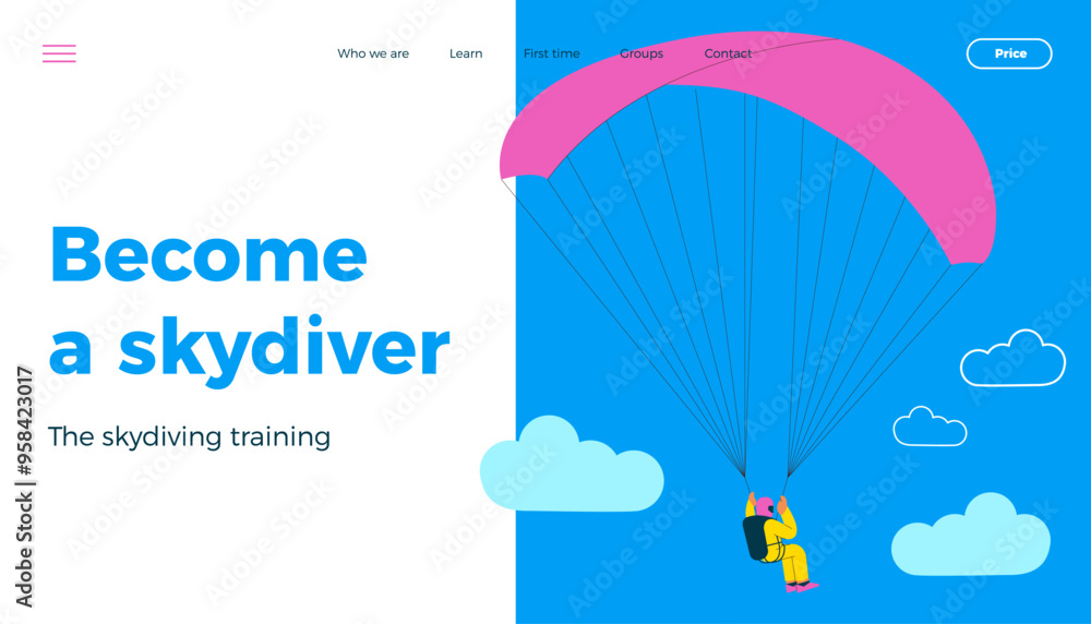Flying person perform solo skydiving jump with parachute. Extreme sport ...