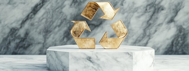 Poster - Gold glossy recycle symbol on a white marble podium Contemporary icon for digital platforms social media presentations and design templates 3D rendering