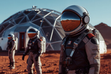 Wall Mural - group of astronauts wearing space suits exploring a red planet while standing near their base
