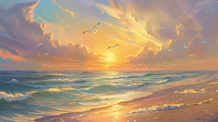 Poster - A peaceful beach scene with the setting sun casting a warm, golden light over the water and sandy shore