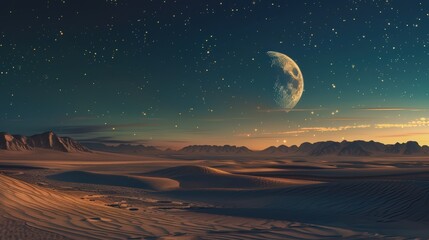 Canvas Print - A peaceful desert evening with the moon reflecting off the sands and a sky adorned with a multitude of stars.