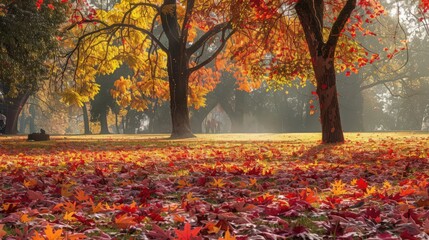 Poster - A peaceful park covered in a vibrant carpet of fall foliage, with trees displaying their stunning autumn colors and a gentle breeze rustling the leaves