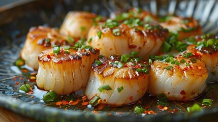 Wall Mural - Close up of seared scallops with chili flakes and chives