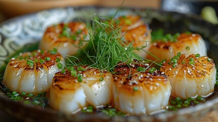 Wall Mural - Grilled Scallops with Sesame Seeds and Green Onions