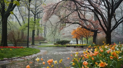 Poster - A peaceful spring rain shower in a city park, with trees and flowers glistening under the rain and creating a serene urban escape