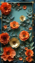 Wall Mural - 3d paper art background with floral frame and orange flowers