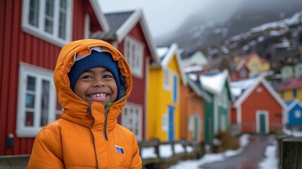 A boy in an orange jacket and blue hat smiles by colorful houses