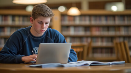 A diligent male student sits at a study table in a high school library, using a laptop and surrounded by open books and papers