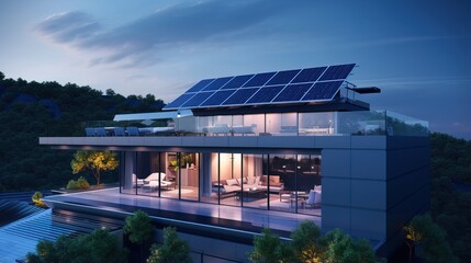 Futuristic generic smart home with solar panels roof