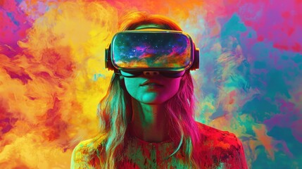 Sticker - Woman Wearing VR Headset Immersed in Colorful Nebula