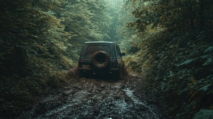 A muddy off-road vehicle travels through a dense forest.