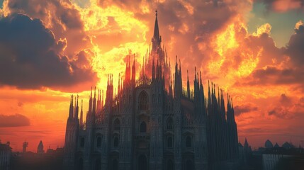 Poster - towering spires against a dramatic sunset sky, emphasizing its grandeur and historical importance.