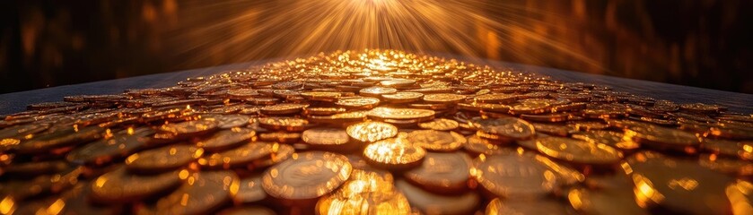 A mesmerizing view of scattered golden coins reflecting light, symbolizing wealth and prosperity in a stunning backdrop.