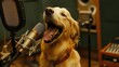 © 69 - Dog star! A golden retriever singing into a microphone in a professional recording studio, showcasing its vocal talent.